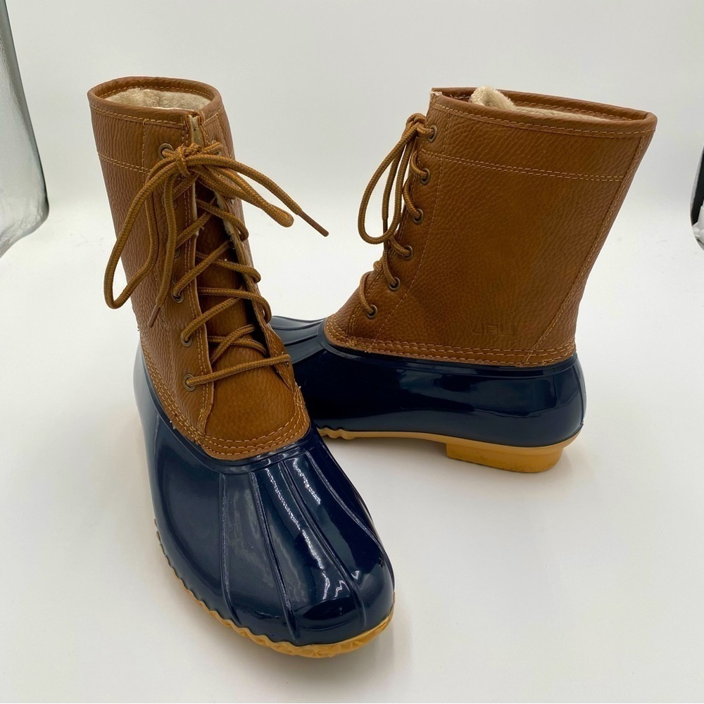 JBU Waterproof Maplewood Leather Faux Fur Full Lace Up Duck Rain Boots Shoes 9.5